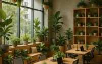 Lyst og moderne kontorhotel med store vinduer, åbne arbejdspladser, grønne planter og minimalistisk indretning i skandinavisk stil.